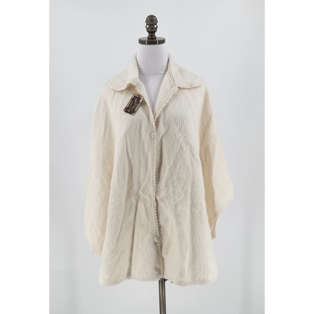 Alpaca Camargo Ivory Collared Button Poncho Cape Sweater Sz 8 NEW